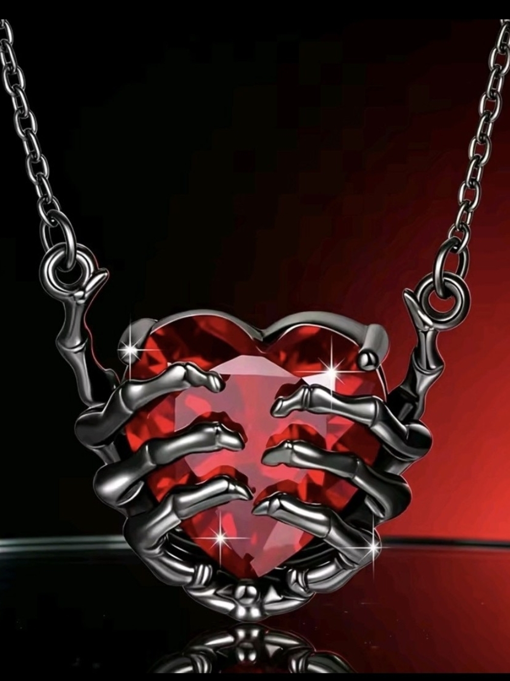Red Crystal Heart Pendant Necklace - Gothic Skeleton Hands